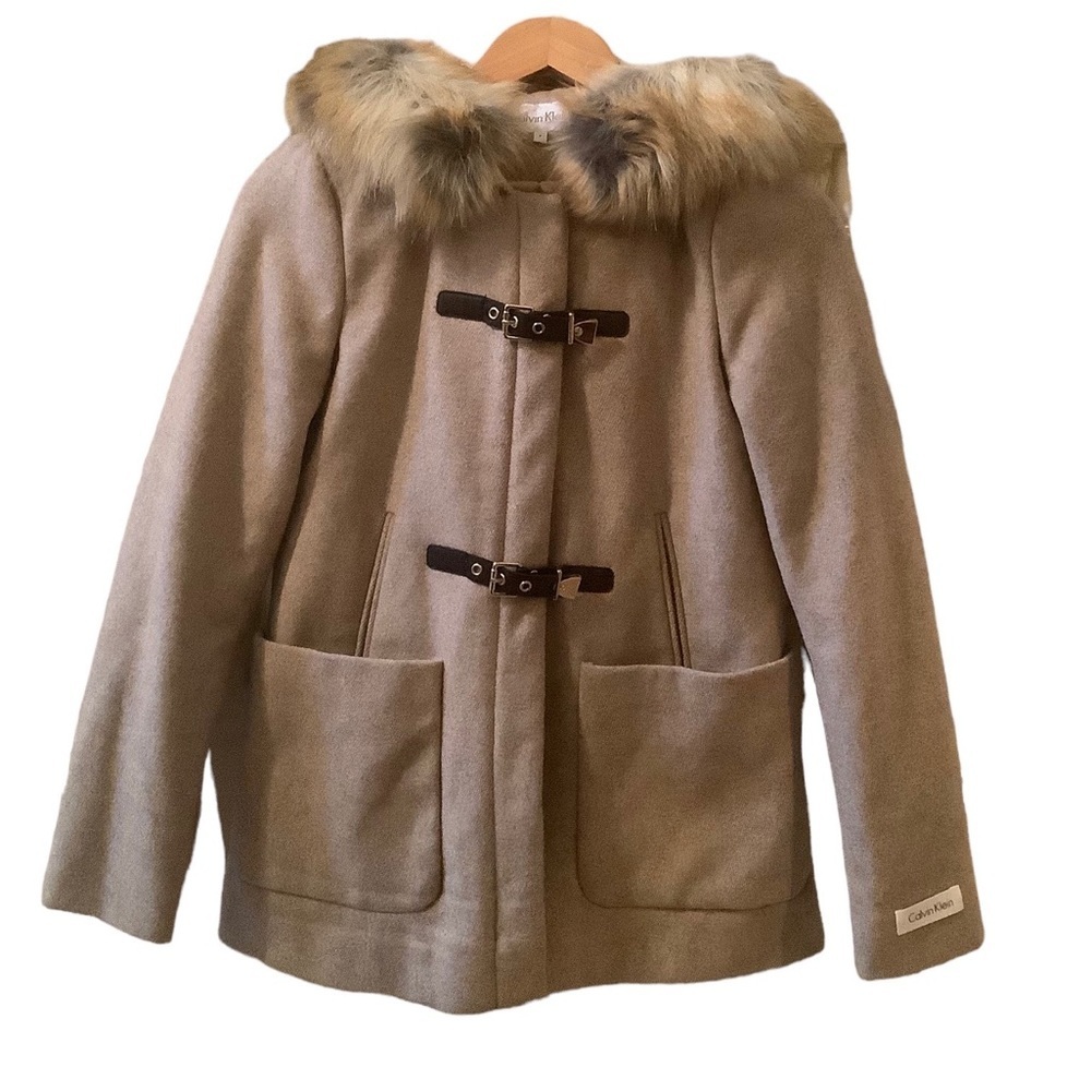Calvin Klein Faux Fur Hooded Wool Coat